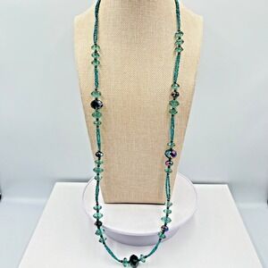 Vintage Teal Beaded Opera Length Necklace Multi-Strand Aurora Borealis Crystal